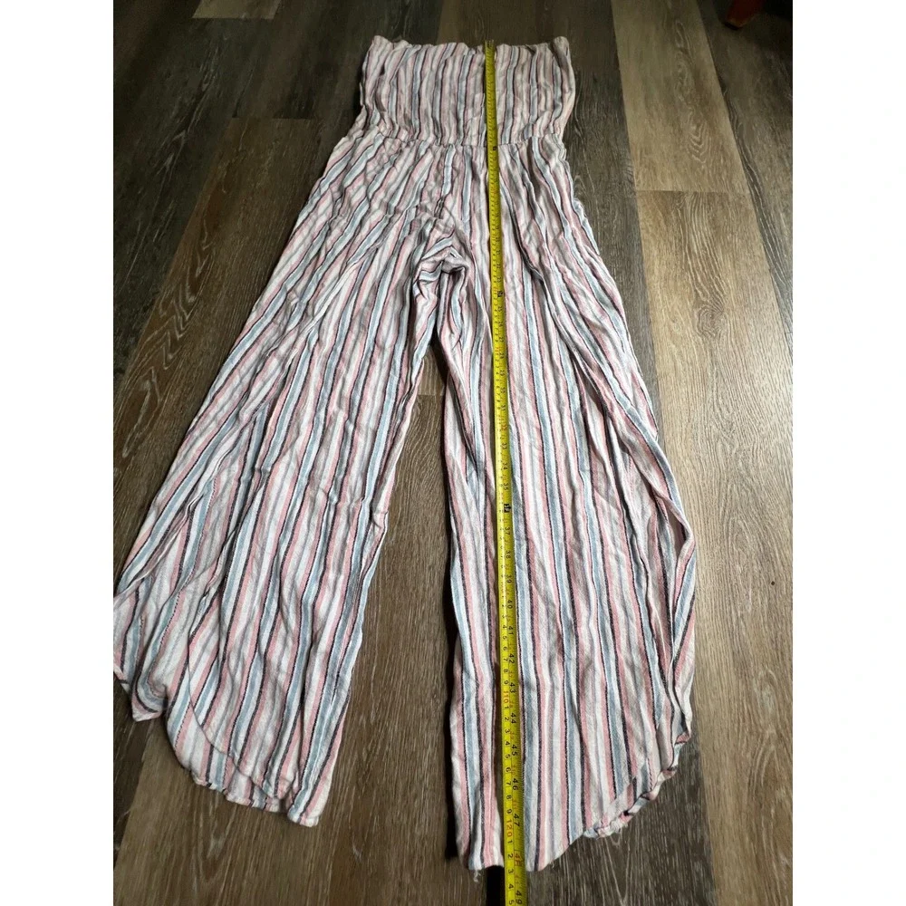 Drew Striped Strapless Jumpsuit Womens Medium Pink‎ Blue Good Wide Leg Slit Boho